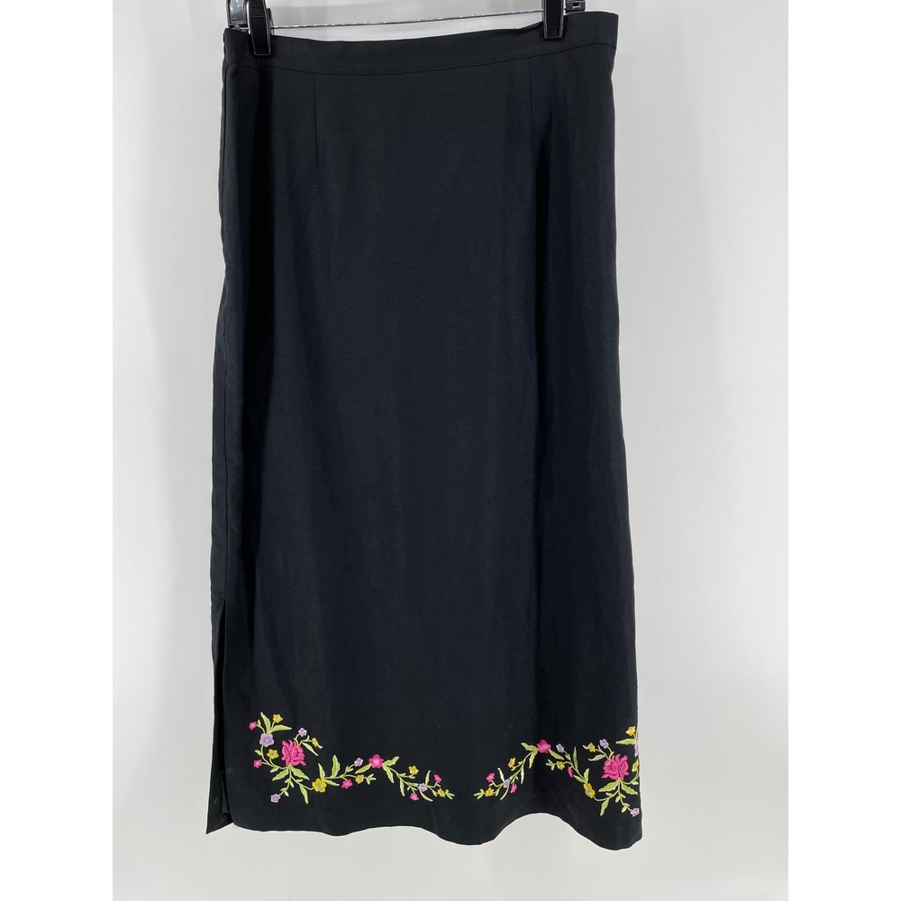 Jessica London Linen Blend Skirt Women's 14W Black Embroidered Floral Artsy Boho